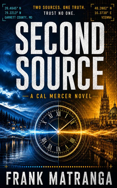 Cover of Second Source, the second Cal Mercer novel: a clock face between a mountain lake and a lit European cathedral city.